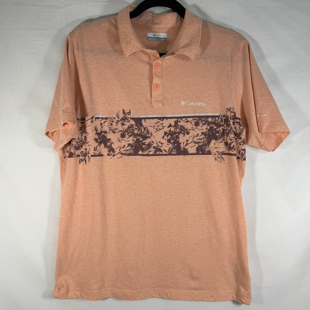 Columbia Mens Golf Polo Shirt Size M Tropical Peach Print Moisture‎ Wicking